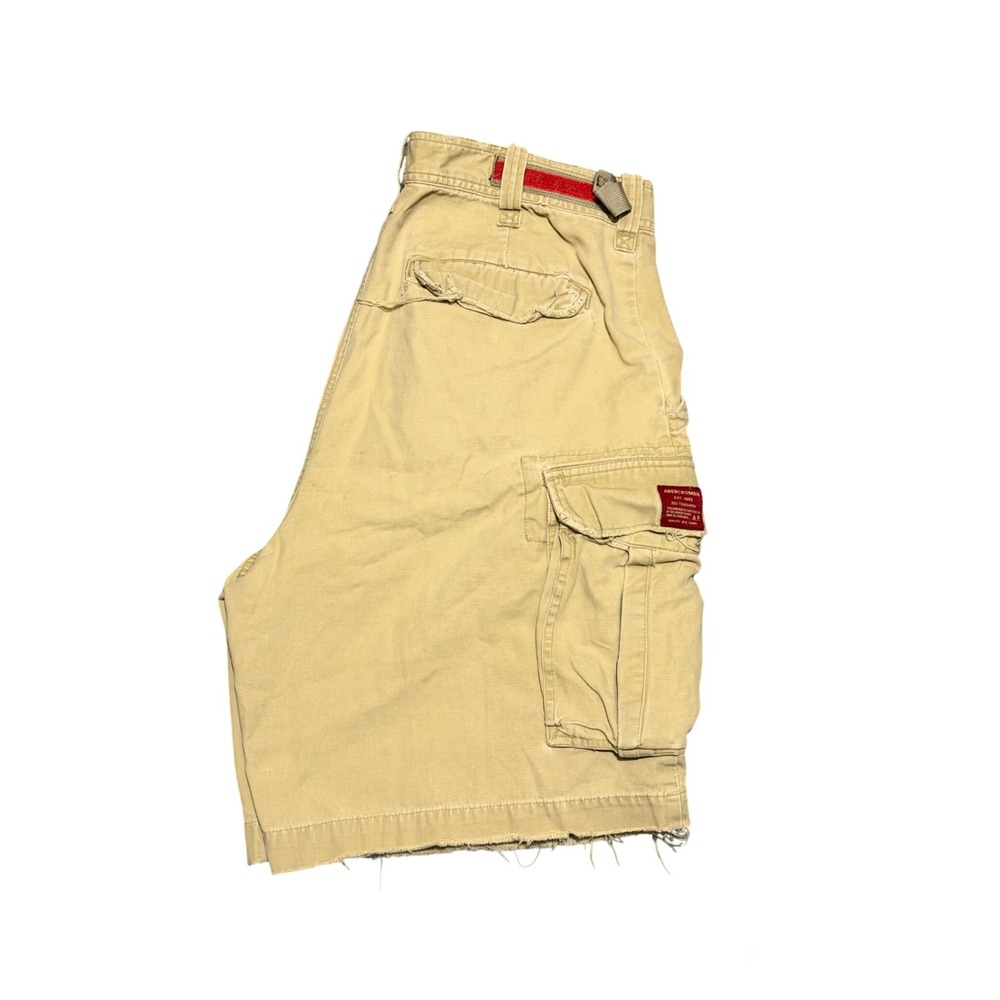 Abercrombie and Fitch Mens Cargo Shorts Tan Khaki Cotton Cut Off Distressed 34